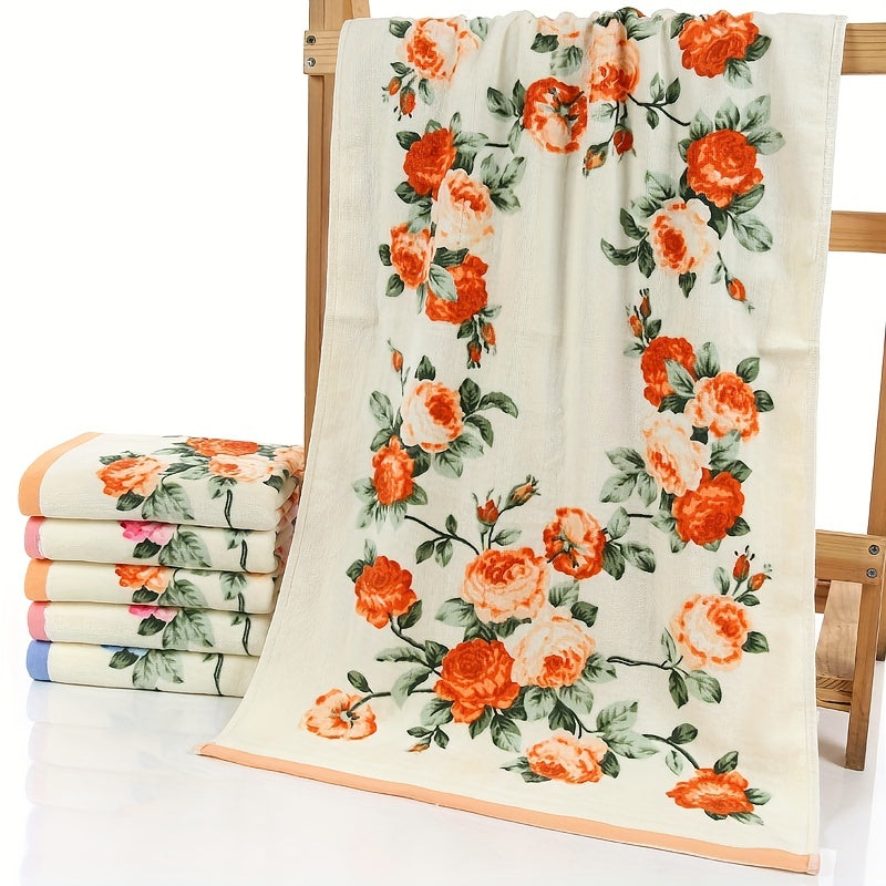 Flower pattern cotton towel, quick-dry hand and bath towel for home bathroom.