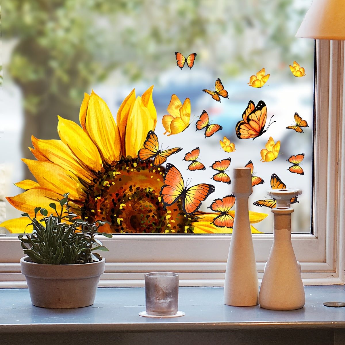 Double-Sided Window Decal featuring a Vibrant Sunflower and Butterfly Design - Made from Reusable PVC Sticker, 5mil Thick, Ideal for Bedroom and Study Glass Windows, Contemporary Floral Pattern, Adds a Butterfly Room Decor Touch.