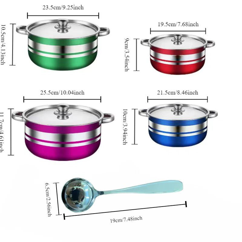 4-piece Set of Colorful Stainless Steel Cookware with Lids, Double-Bottomed Stockpots, and Serving Spoon - Suitable for all Stovetops - Must-Have Kitchen Essentials