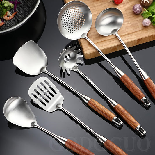 Seven pieces of cooking utensils made with durable 304 stainless steel, complete with a rotating stand storage box. The set includes a slotted spoon, slotted spatula, ladle, soup ladle, spreader, and spaghetti server.