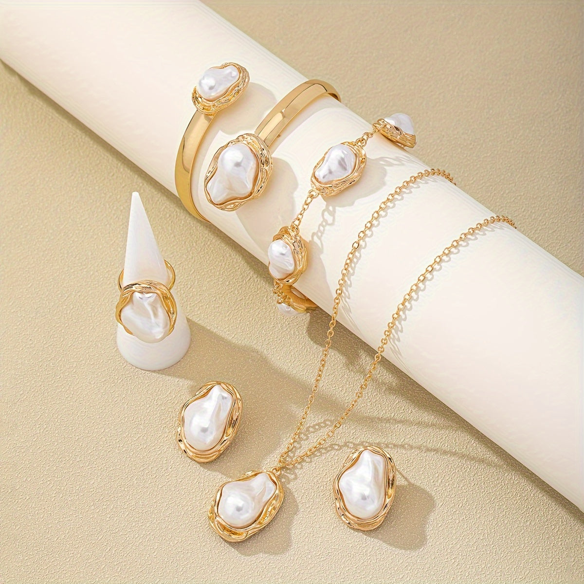 Exquisite Jewelry Set: 14K Gold Plated Alloy with Faux Pearls - Necklace, Earrings, Ring, and Bangle for Women - Perfect for Everyday and Formal Events