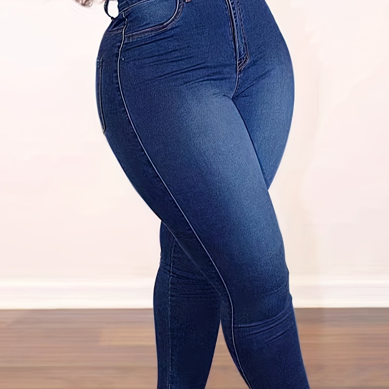 Cute Plus Size Denim Jeans, High-Waist, Solid Blue, Comfortable Fit, Casual Wear, Button Closure, Slant Pockets|Sleek & Smooth Texture.