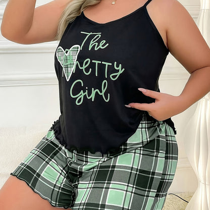 Women's sexy casual pajama set featuring a heart-print sleeveless top with ruffle hem, made of knit polyester fabric. This set includes a cartoon pattern, spaghetti strap collar, and slight