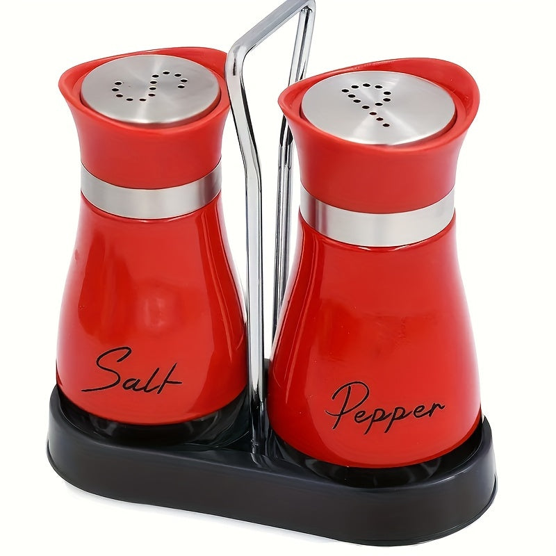 A set of salt and pepper bottle sets with 1 stand and 2 bottles. Glass bottom jars with stable stand, used for kitchen utensils, cooking tables, RVs, camping, barbecues, and seasoning.