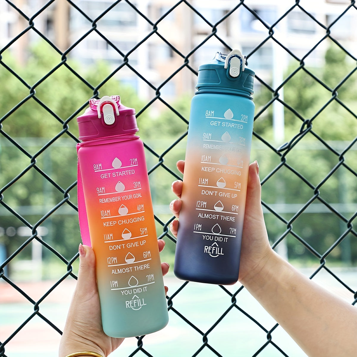 Motivational water bottle for outdoor activities, fitness, and gifts.