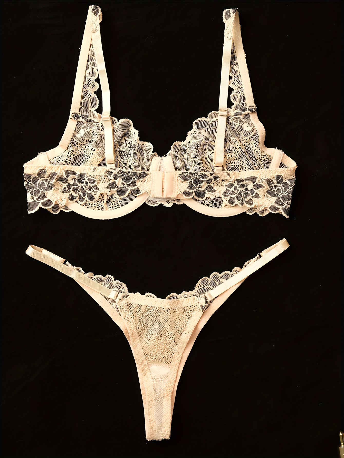 Romantic lingerie set with apricot lace and green floral underwire bra and thong.