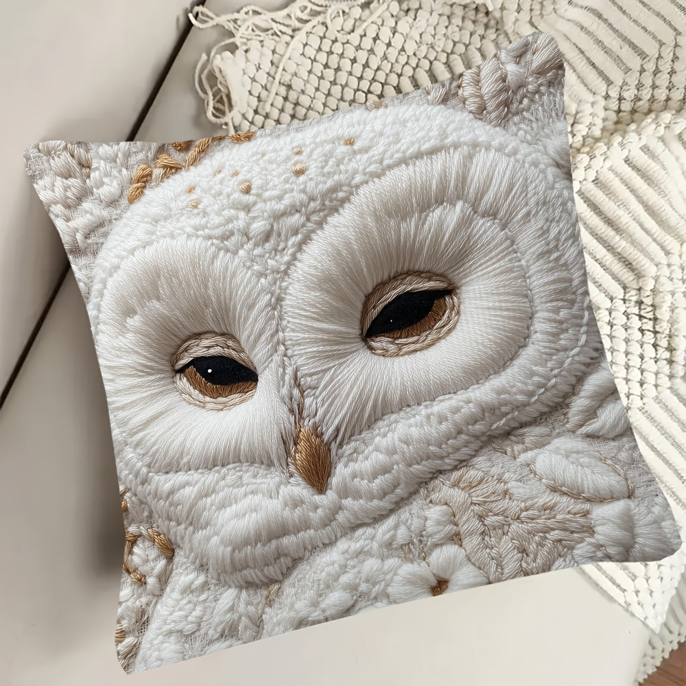 Super soft plush pillow cover with snowy owl design, 45.72x45.72 cm. Perfect for sofa, living room, bedroom decor. Double-sided print, zip closure, machine washable. Insert not included. Ideal for couch.