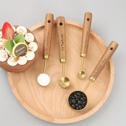 Set of 4 stainless steel measuring cups and 4 stainless steel measuring spoons with acacia wooden handles. Ideal for measuring dry and liquid ingredients when baking or cooking. Includes seasoning and powder spoons for added convenience in the kitchen.