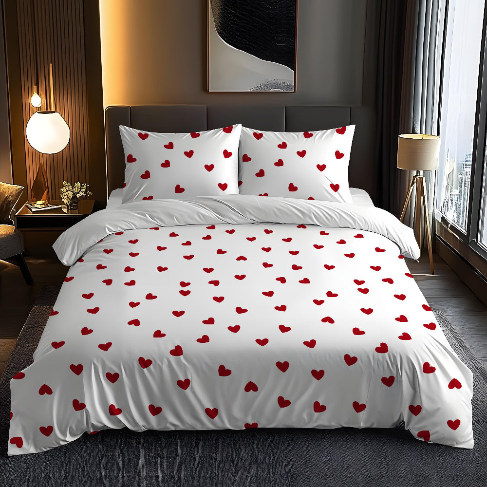 Valentine's Day-themed 3-piece bedding set featuring pure love design pattern made of soft fleece fabric with 3D digital printing. Includes 1 quilt cover and 1-2 pillowcases. Suitable for