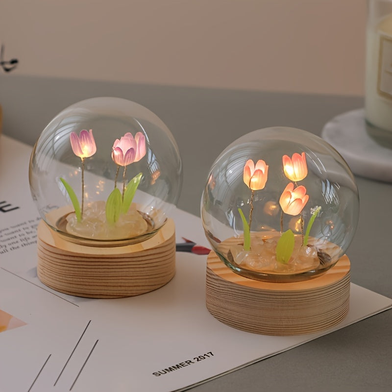 Modern handmade glass tulip night light with switch control. Perfect gift for Mother's Day or birthday. Battery-powered (battery not included).