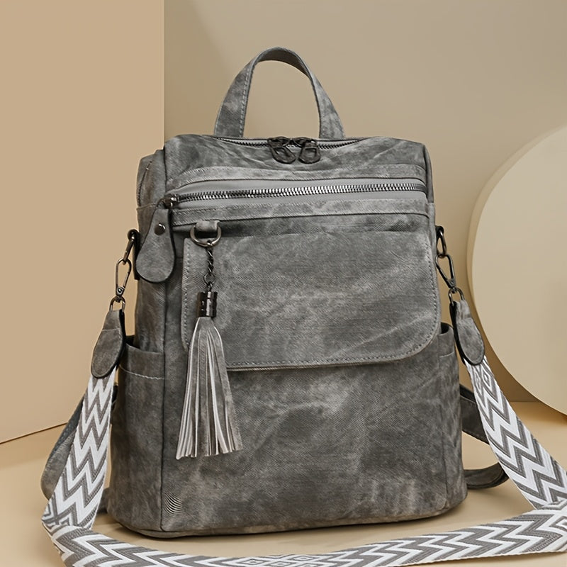 Retro brown women's fashion backpack with large capacity and versatile design, including multiple zippers. Can also be used as a crossbody or shoulder bag.