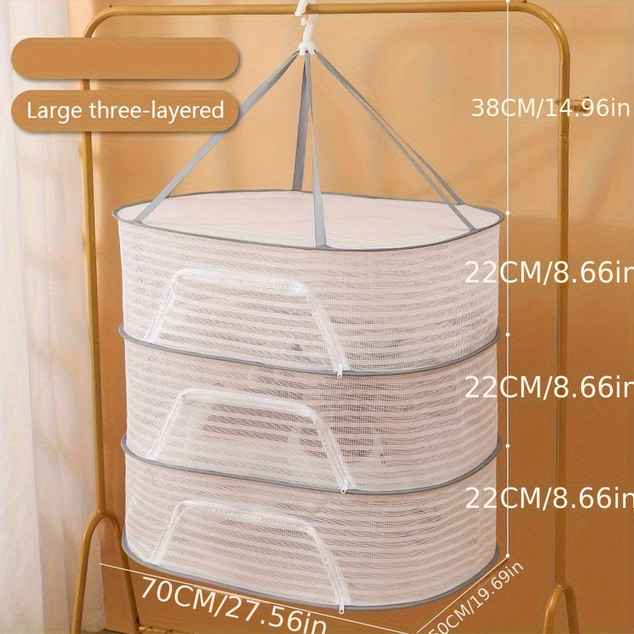 3-Tier Foldable Mesh Drying Rack with Zipper - Multi-functional Hanging Dryer for Laundry, Fish, and More - No Electricity Required, Ideal for Balcony, Clothing Drying, and Organization purposes.