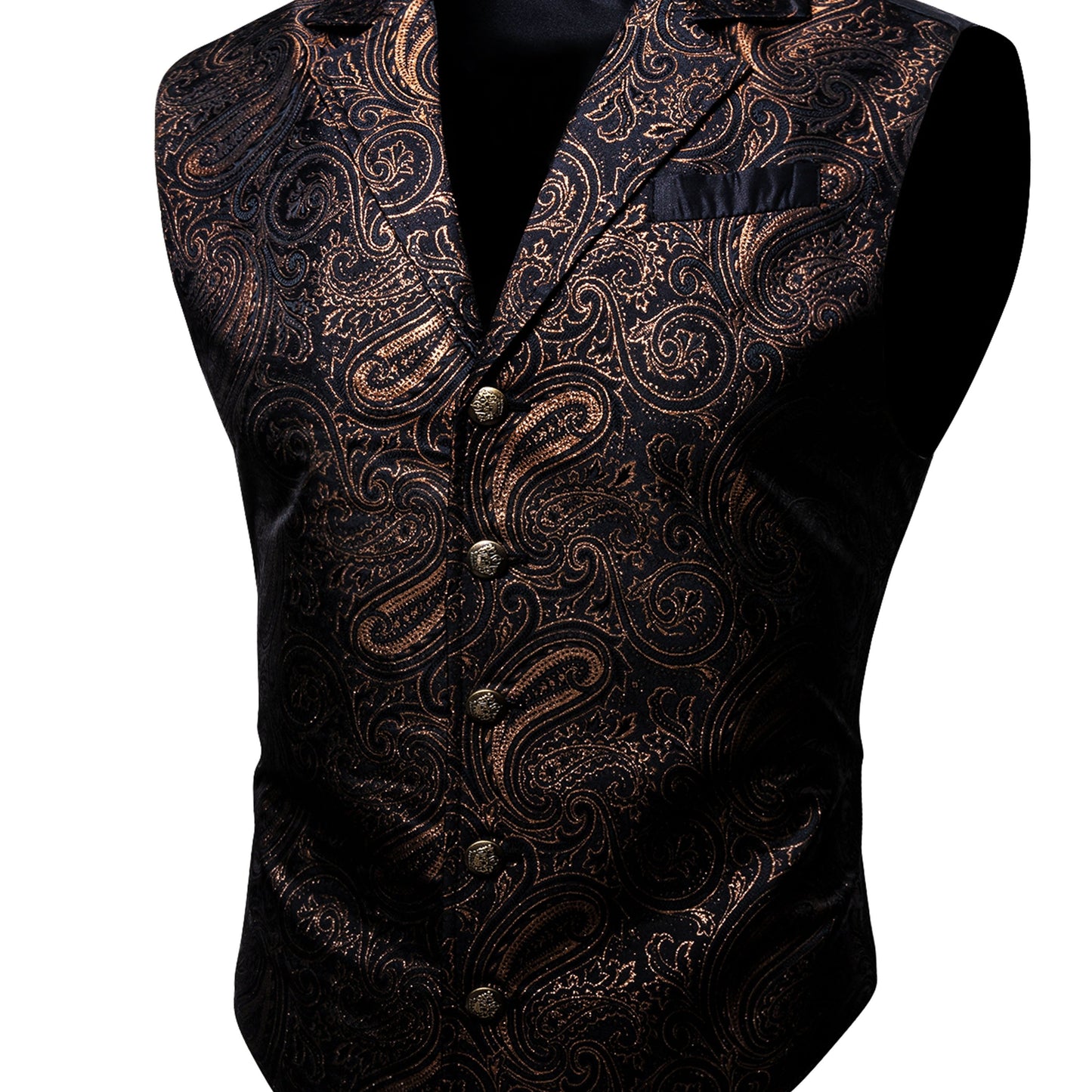 Large green satin jacaquard floral suit vest with tailored collar and copper buttons, suitable for Victorian steampunk and gothic themed events.