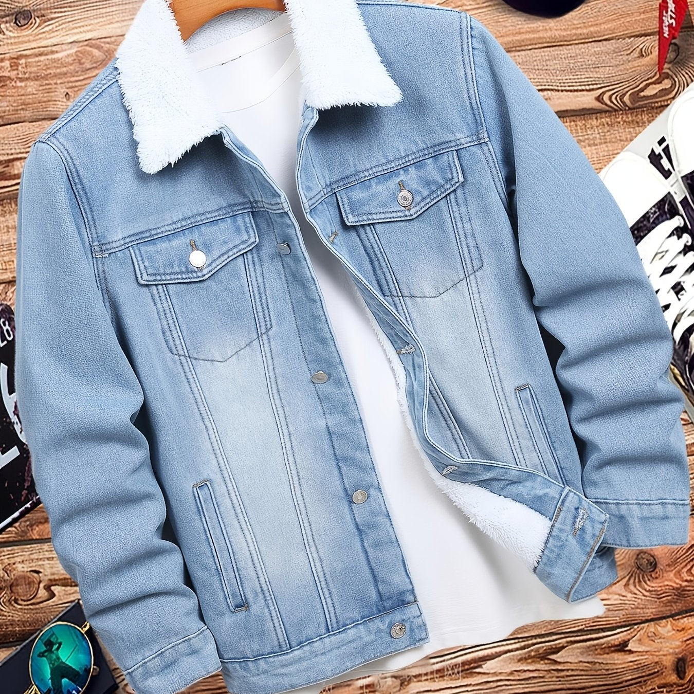 YASUYUAN Erkaklar Denim Kofte, Fleece Ichki Qismi bilan, 66.5% Paxta, 22.7% Polyester, 10.2% Viskoz, Oddiy Fit, Yengil Yaka, Tugma Qopqog'i, Qopqoq Cho'ntaklar, Bir Rangli