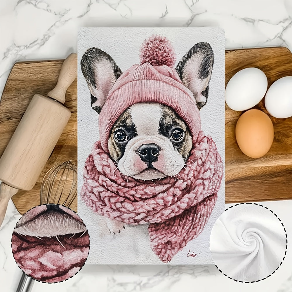 Set of 2 Ultra Soft Kitchen Towels featuring a Cute French Bulldog Puppy with Pink Hat & Scarf, Excellent Absorbency & Easy Care, Perfect for Valentine's Day Decor, Size 40.64x60.96 cm, Dish Towels