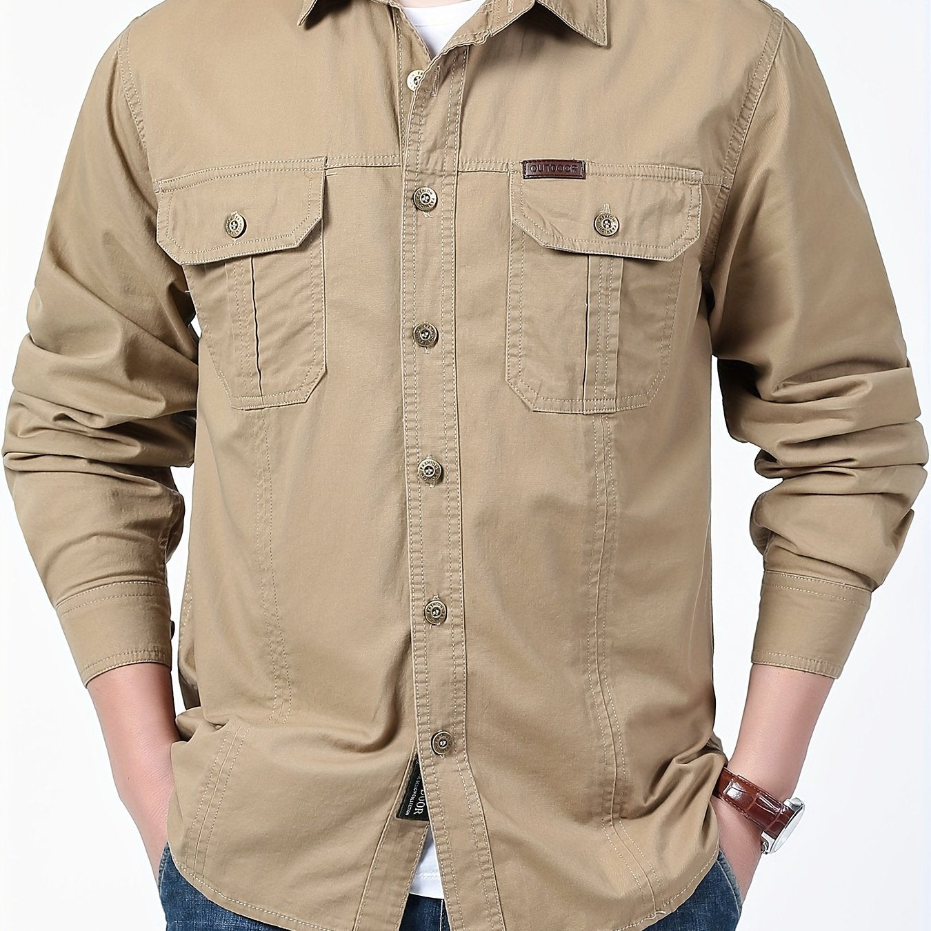 Casual cotton cargo shirt for men, with square neck, regular fit, solid color, 100% non-stretch woven fabric, suitable for spring/fall season, featuring pockets - 170g/m².