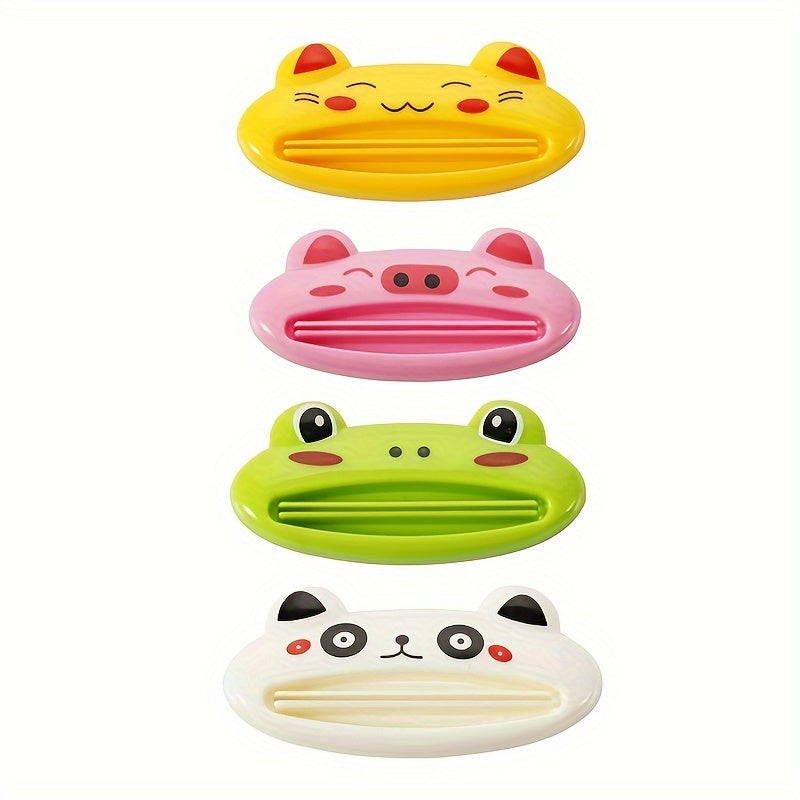 Set of 4 plastic squeezer clips for toothpaste and hand cream with cute animal designs - manual dispensers for tubes, no electricity required.