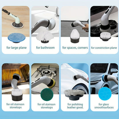 The Cordless Electric Rotating Washer comes with 9 replaceable brush heads and an adjustable extension handle. This 360-degree cordless cleaning brush is perfect for bathrooms, bathtubs, and tiles. Its powerful electric rotating floor washer makes