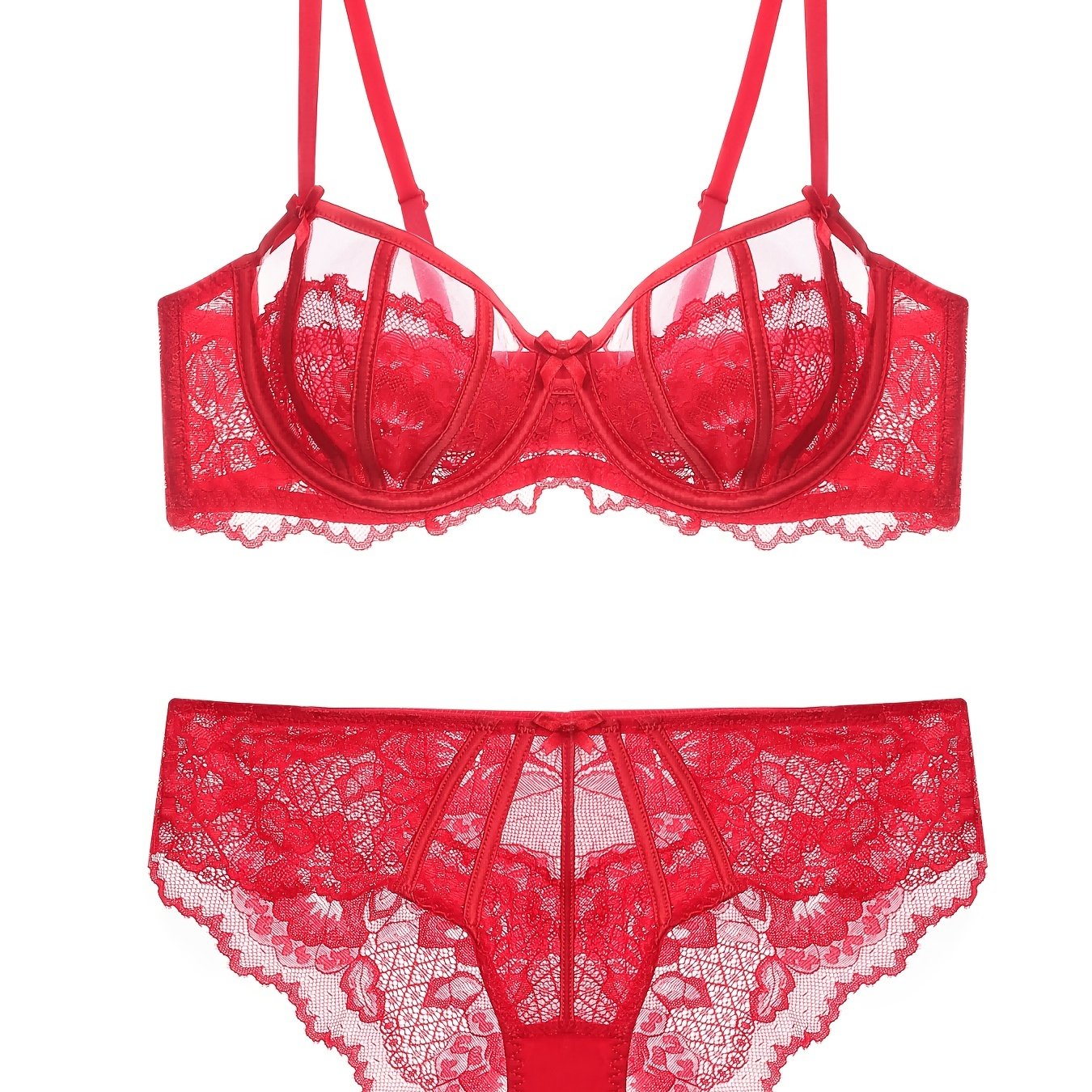 Floral lace unlined bra and bow panties set for women.