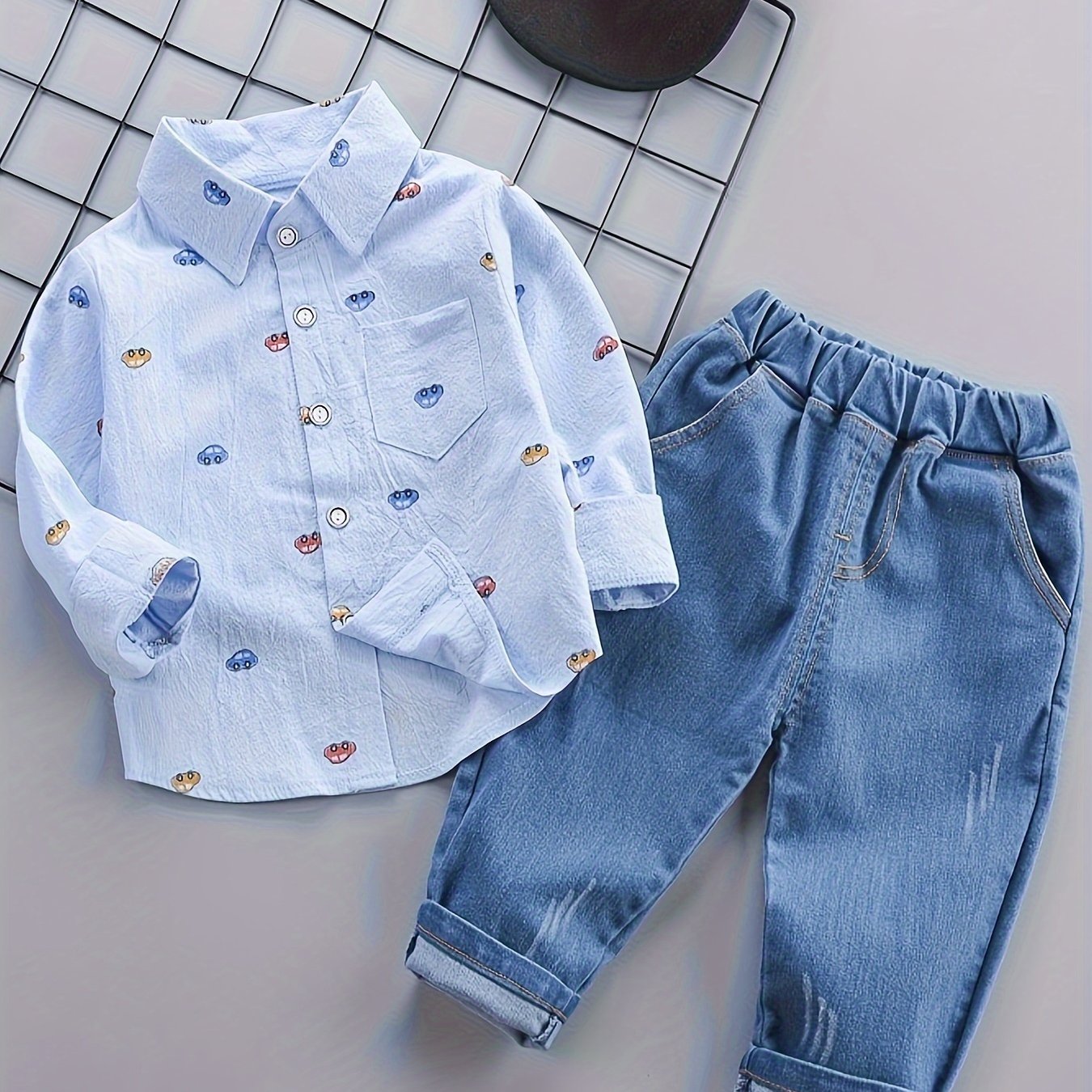 BABICOLOR Boys' Cotton Outfit Set includes a V-Neck car print shirt and regular fit jeans with slight stretch, perfect for outdoor activities in spring or fall.