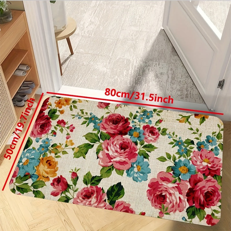 Polyester kitchen mat with floral design is non-slip, oil-proof, and waterproof. Machine washable and dirt-resistant, suitable for various rooms. Water-absorbing and decorative floor mat.