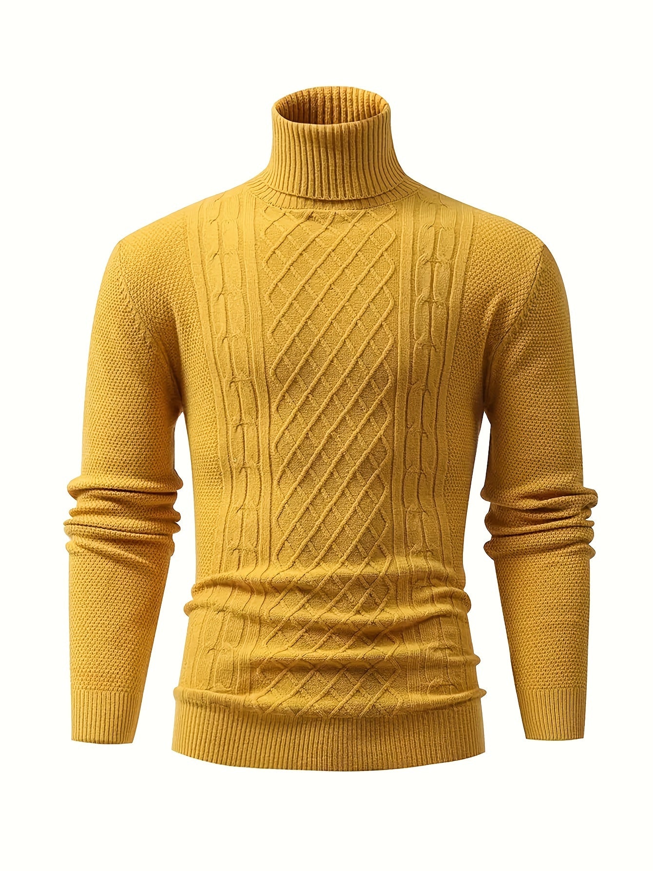 Men's cable knit turtleneck sweater for fall/winter, warm and stretchy pullover with solid color, long sleeves, blend fabric.