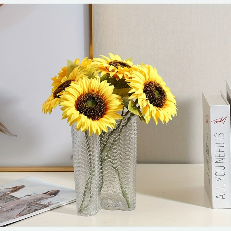 8-piece vibrant yellow sunflower bouquet for Thanksgiving, Christmas, autumn weddings, and home decor. Made from real touch silk artificial flowers.