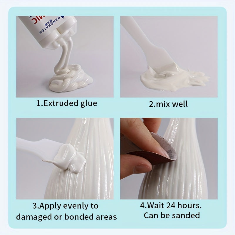 Waterproof ceramic adhesive for repairing tiles, bathtubs, sinks, and fixtures, resistant to mold.