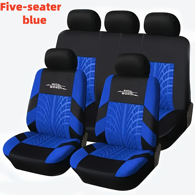 Universal nine-piece car seat cover set with soft, sponge filling and stylish tire trace design. Suitable for all seasons and most car models. Acts as a car seat protector.