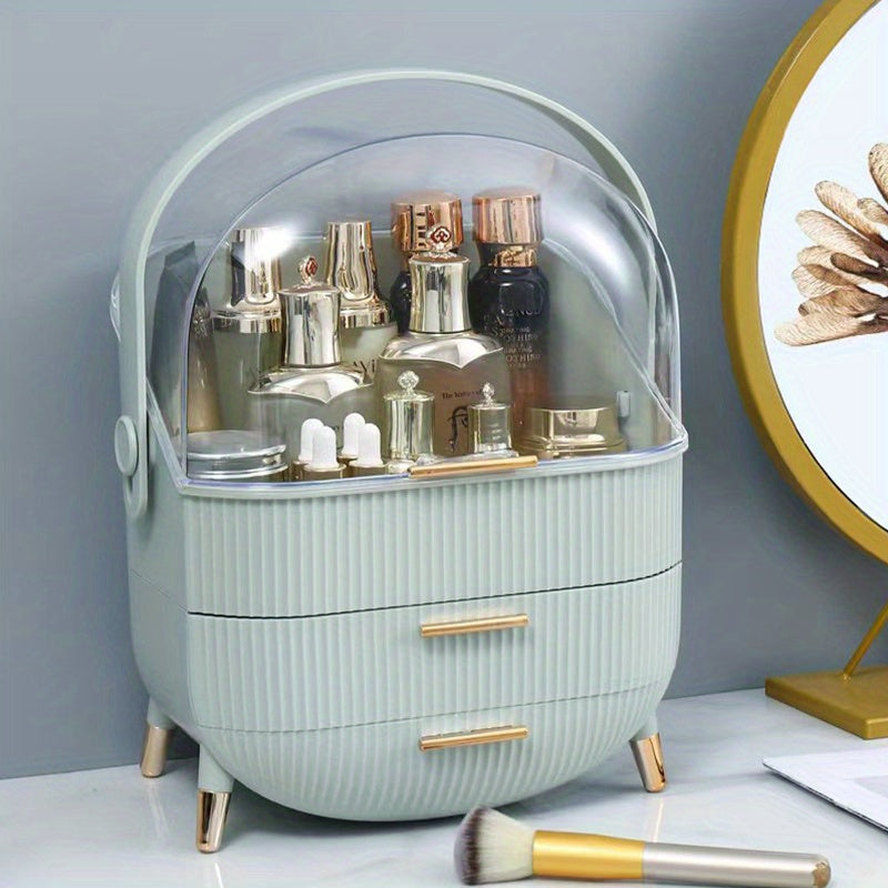 Makeup organizer with drawer for storing supplies and keeping jewelry, skincare products, and lipsticks tidy.