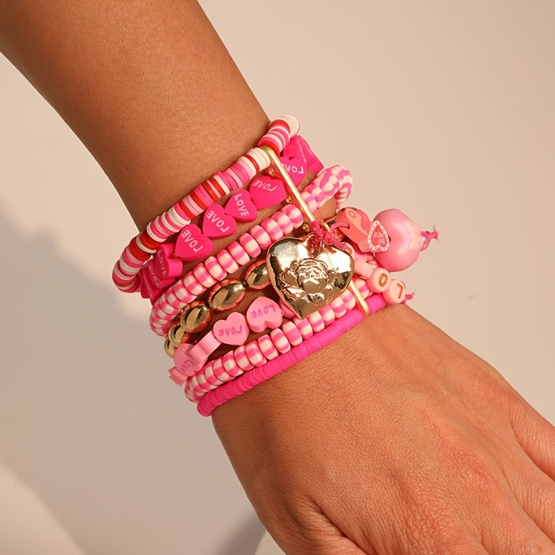 A chic and eclectic Bohemian pink Valentine's Day bracelet featuring a multi-layered design with beaded LOVE flower and 3D heart pendant. This exquisite piece is ideal for adding a touch of romance to any woman's Valentine's Day ensemble and can be worn