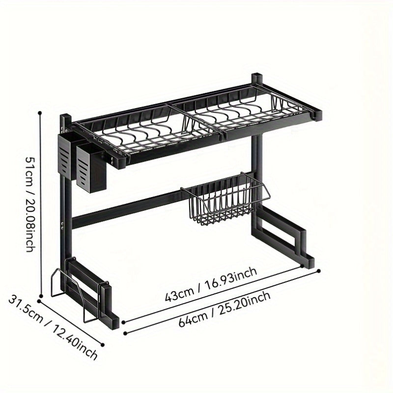 Over Sink Dish Rack made of durable stainless steel, featuring a multi-functional design with built-in utensil holder, drying rack, knife slot, and plate, cup, and cutlery storage capabilities. Ensures no food contact for added cleanliness.