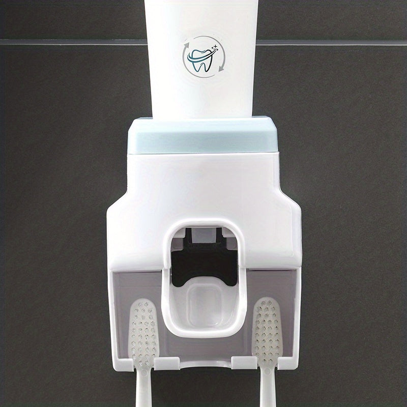 Wall mounted toothbrush holder and toothpaste dispenser with automatic squeezer, ideal for family washroom.