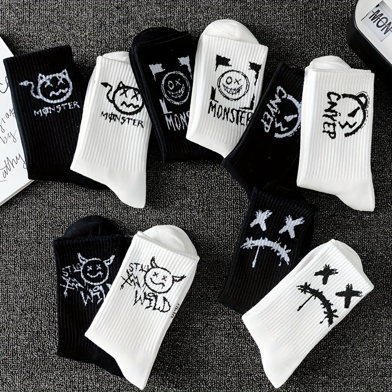 5 pairs of men's black and white graffiti pattern crew socks, comfortable and breathable, suitable for all seasons.