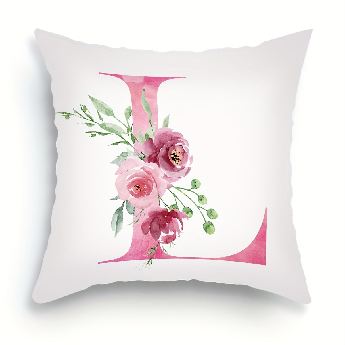 18x18 inch Alphabet Floral Pillow Cover featuring A to Z English Letters in pink print. Ideal for adding a contemporary touch to sofa, living room, or bedroom decor. Single-sided printing, insert not included.