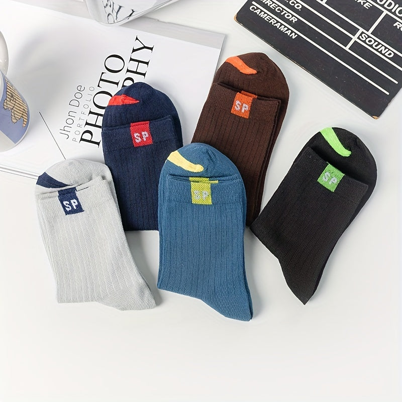 5 pairs of men's thin cotton blend mid-calf socks, breathable, moisture-wicking, suitable for everyday wear, sweat-resistant.