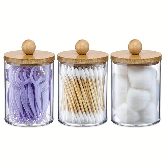 3-piece 10 oz swab organizers with bamboo lids for vanity makeup organization. Includes swabs, balls, pads, floss, and storage bins for home organization.