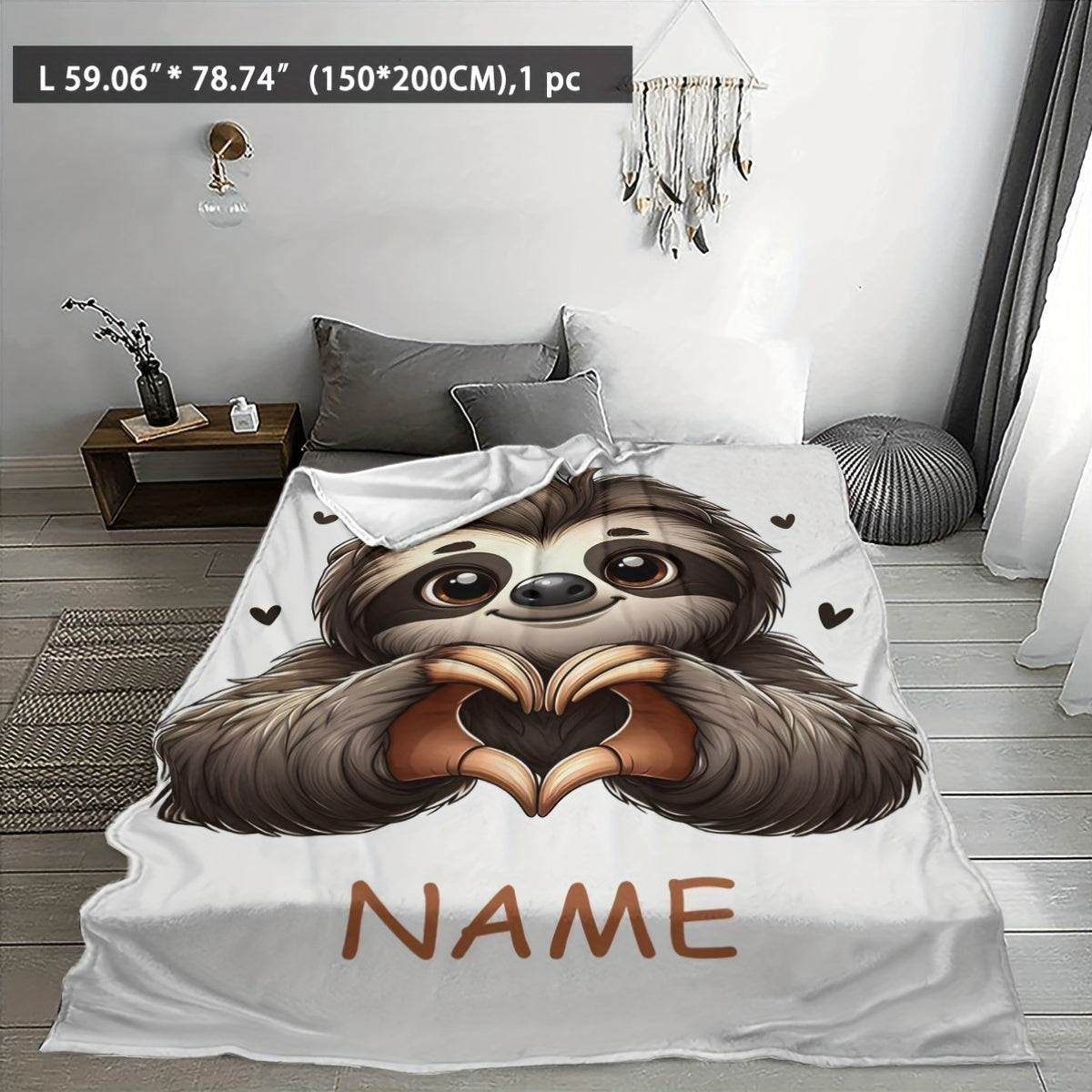 Personalized Sloth Heart Gesture Flannel Fleece Throw Blanket – Customizable Design for Home, Office, and Sofa – Skin-Friendly and Cozy Fabric – Quilted Blanket Suitable for All Seasons