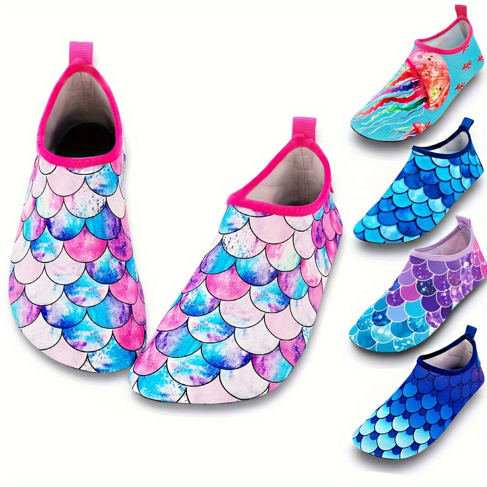 Colorful fish scale print slip-on water shoes for toddler girls, perfect for summer fun at the beach.