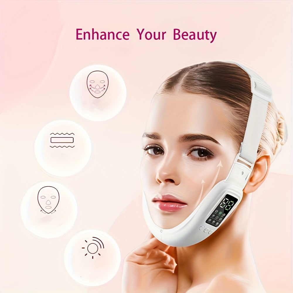 Electric V-Face Beauty Device with adjustable intensity levels, LCD display, and USB rechargeable 400mAh lithium battery for facial skin care and massage.