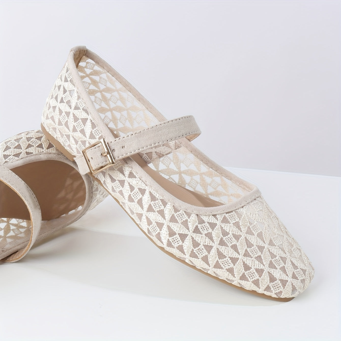 Stylish women's slip-on flats with square toe, breathable mesh and pattern, comfortable PU cover sole, and adjustable buckle strap for casual, party, and office wear.