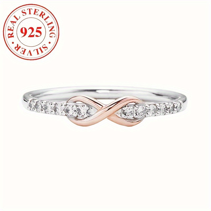 Luxurious 925 Sterling Silver Infinity Symbol Ring with Pink & White Rhinestone Decoration, Elegant Women's Jewelry perfect for Daily Wear, featuring a Wireless Design and Fine Diamond Accent - A Beautiful and Thoughtful Gift