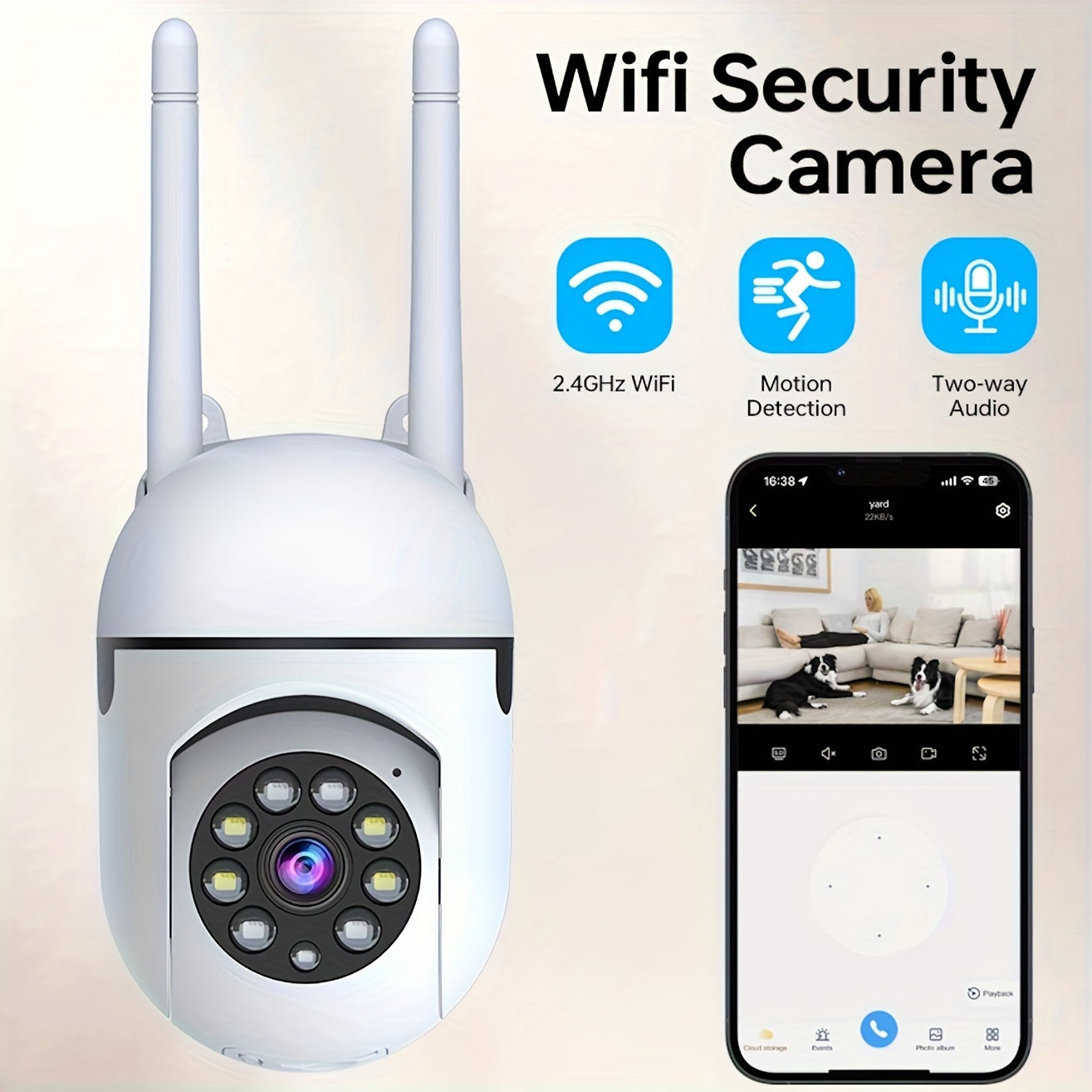 1080p HD WiFi security camera with pan tilt zoom, motion detection, two-way audio, color night vision, wall hanging capability, app control, audio alerts, USB powered, no battery - for home