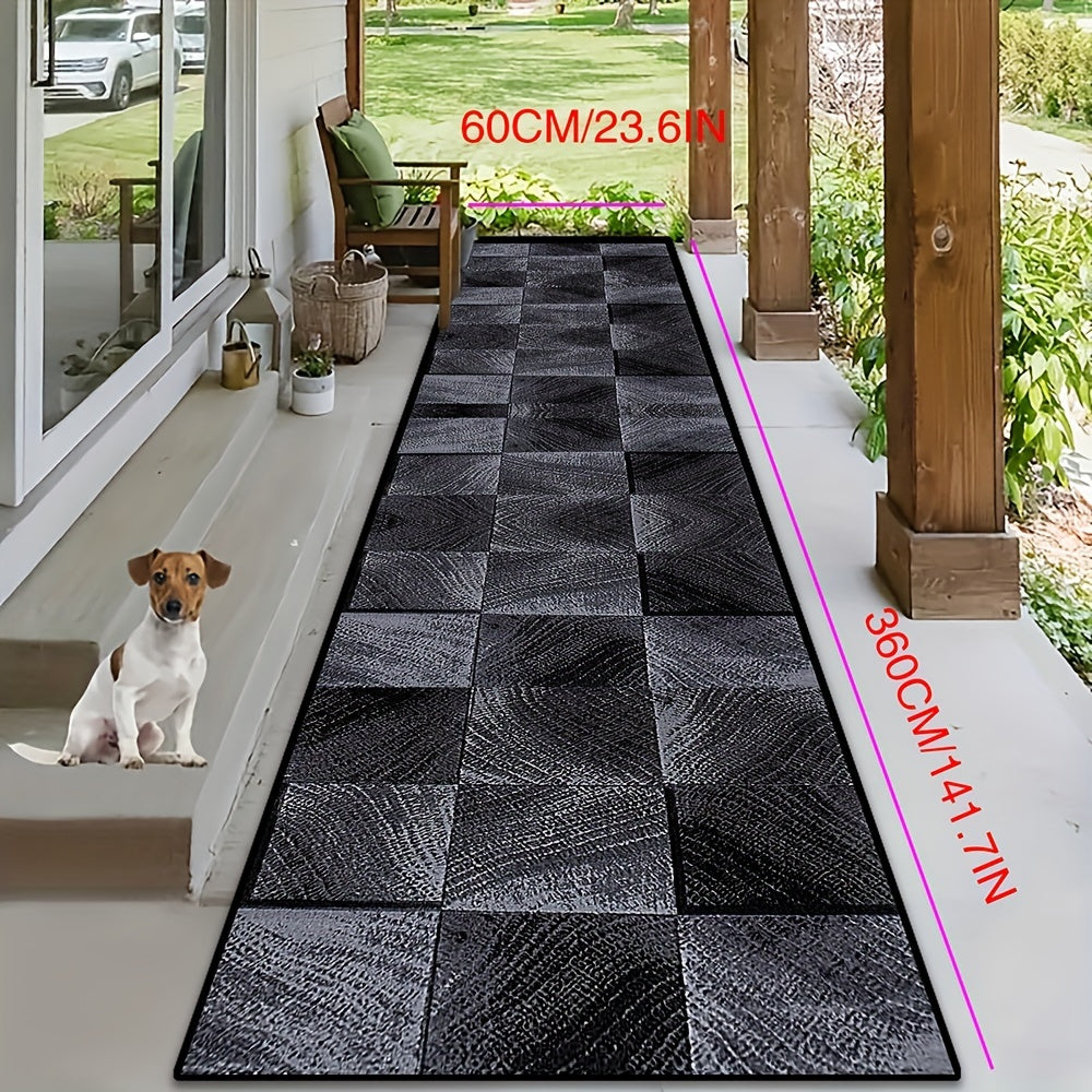 Durable Black Checkered Crystal Velvet Runner Rug made from Machine Washable Polyester, featuring a Stain Resistant Non-Slip Medium Pile perfect for Hallways and Living Rooms. This Comfortable and Durable Rug is also an Indoor Decorative Anti-Slip Floor