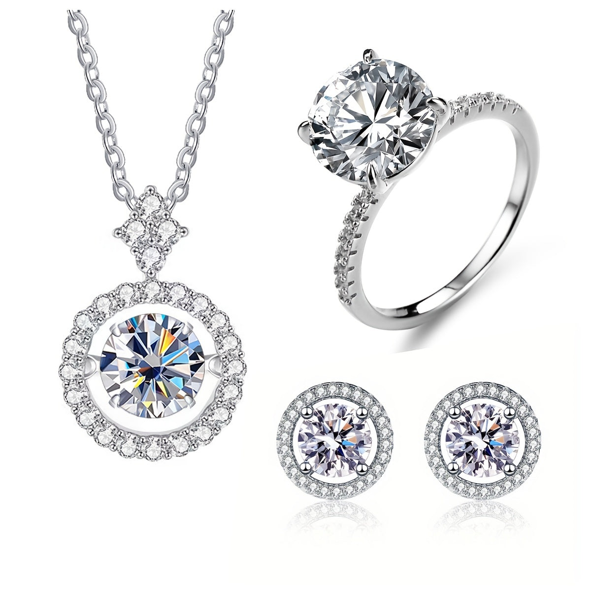 Set of 4 Moissanite Earrings (1ct each)*2, 1ct Moissanite Ring, and 3ct Moissanite Necklace in 925 Sterling Silver. Available in Multiple Colors with Gift Box