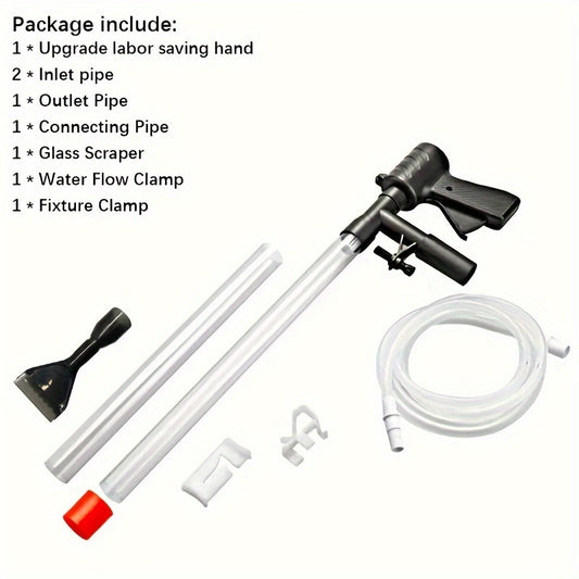 Aquarium gravel vacuum cleaner with adjustable water flow and easy siphon for fish tank maintenance, cleaning, and water changes. Features air push button.