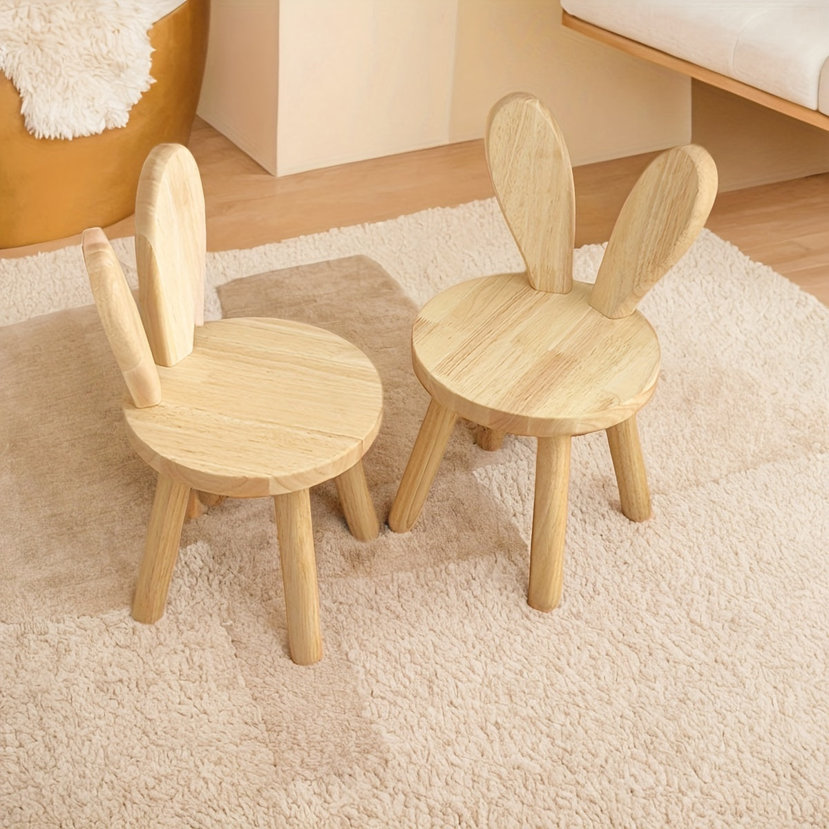 Solid wood rabbit stool for youngsters' and living rooms, ideal for shoe changing with classic natural finish