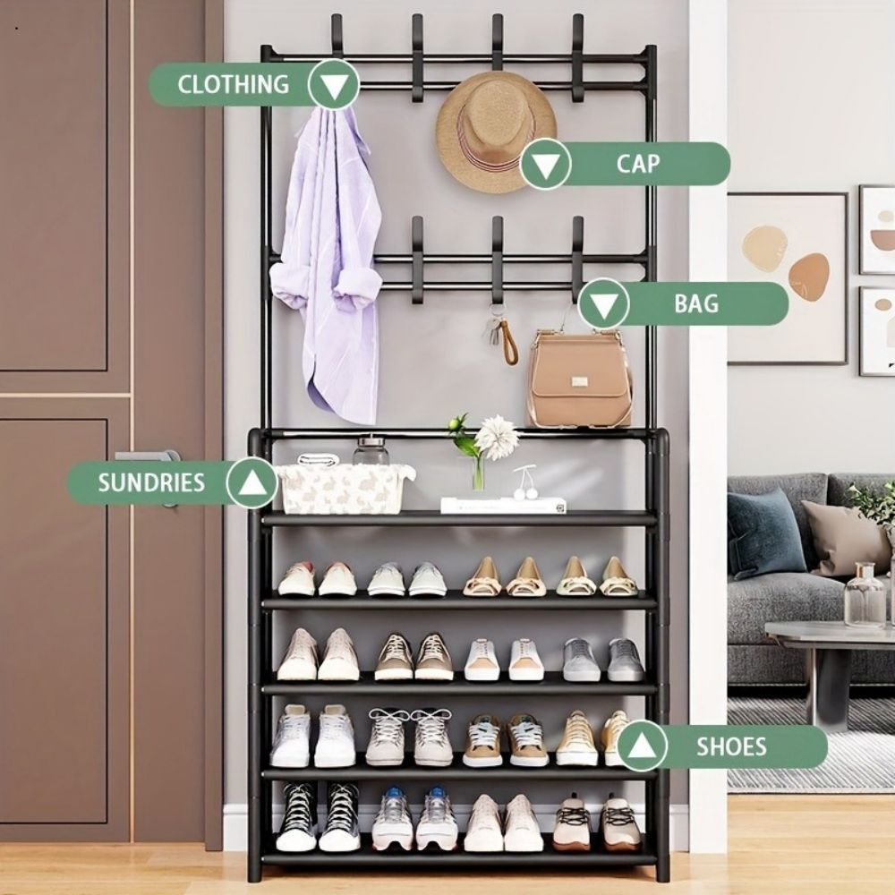 A versatile metal shoe rack with 5 layers and 8 hooks, providing a three-in-one function. Ideal for bedrooms, dormitories, living rooms, and bathrooms. Features 12-16mm diameter pipes and is easy to assemble.