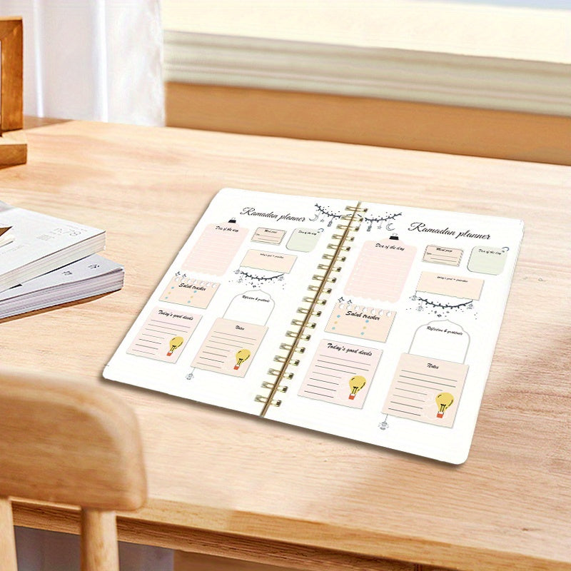 Ramadan planner notebook with crescent design, to-do list, and priorities, available in various sizes and quantities.