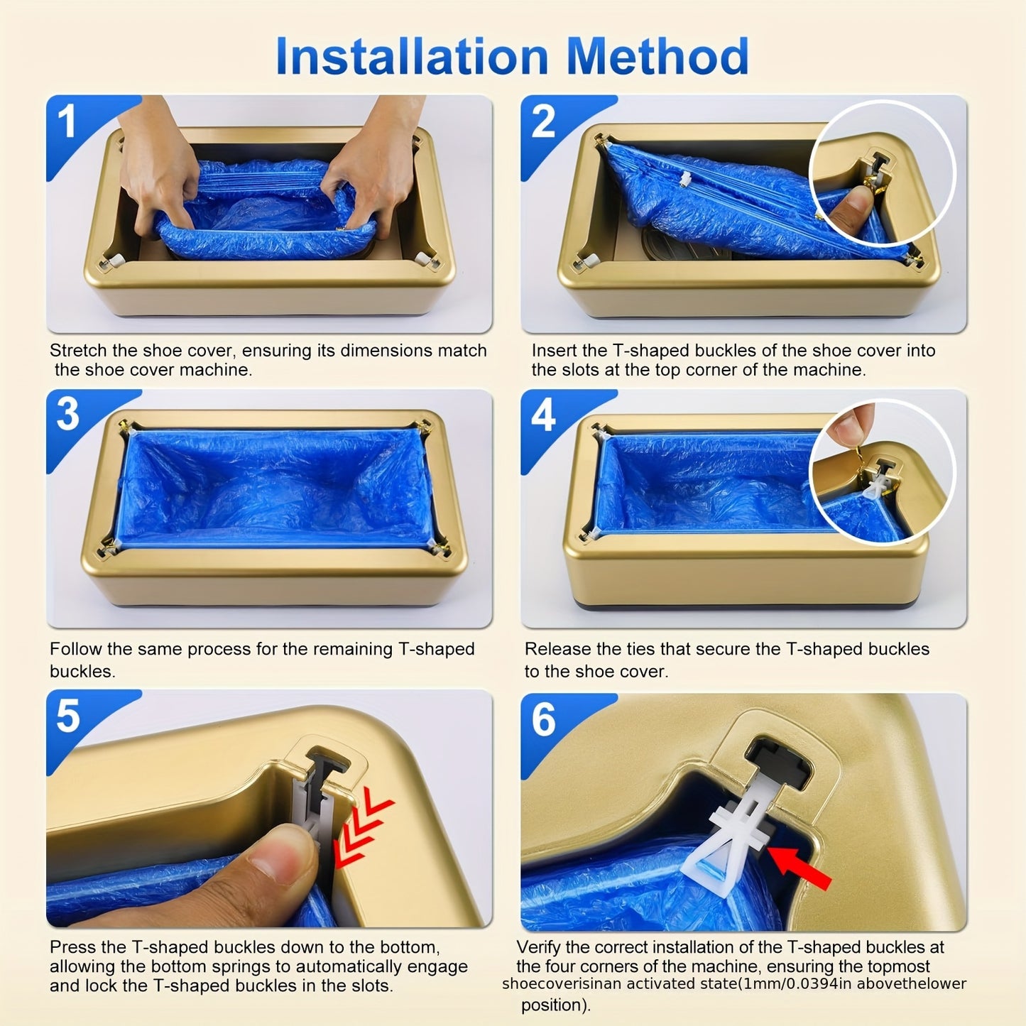 Automatic shoe cover dispenser made of durable plastic carbon fiber ABS with a steel frame, suitable for home and office use with golden finish.